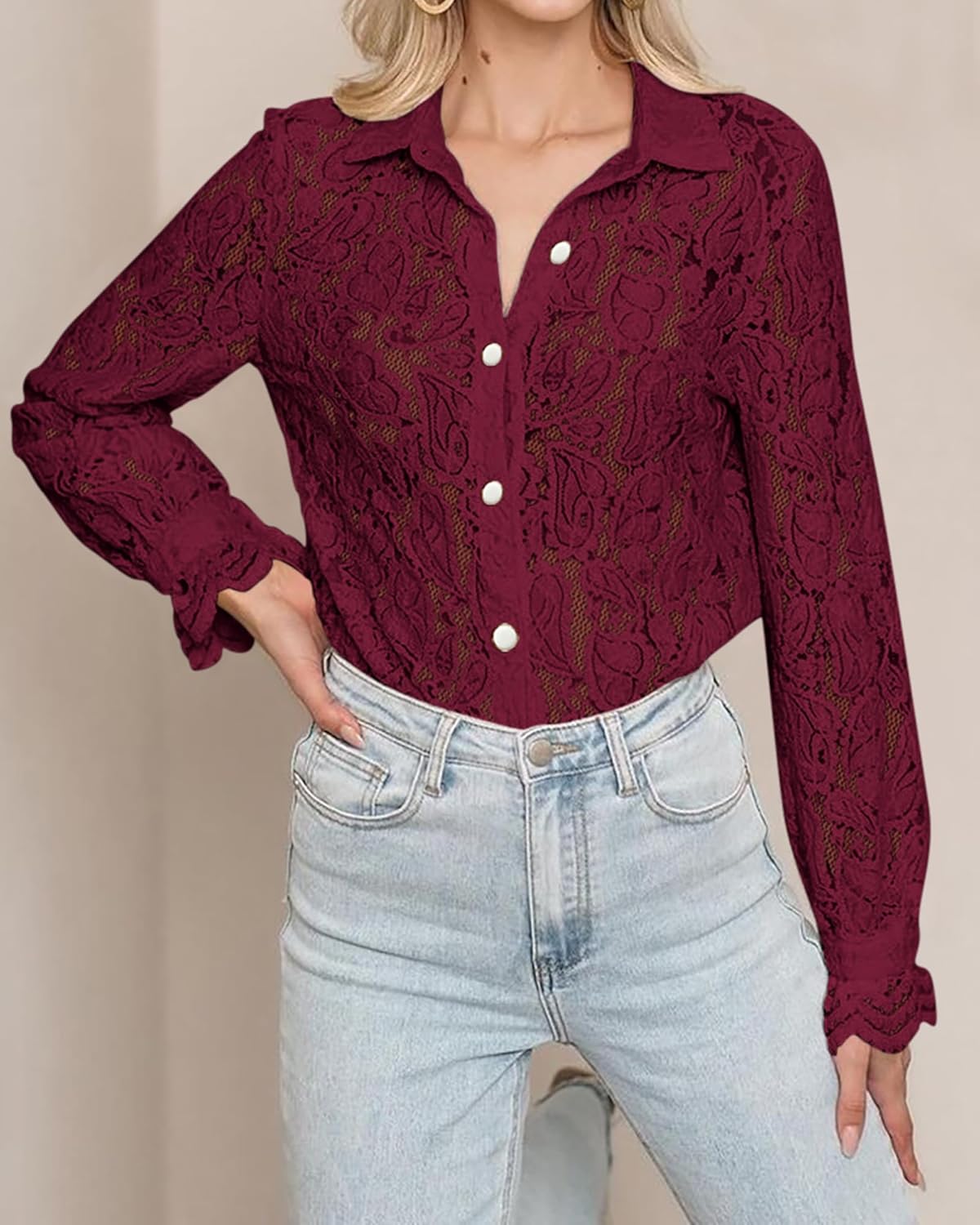 BTFBM Long Sleeve Lace Blouses for Women 2024 Fall Dressy Casual Button Down Shirts Date Night Outfit Club Party Tops - Image 5