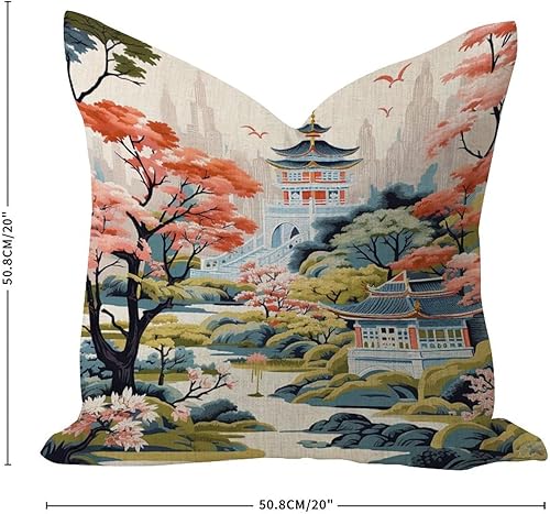 Miniatura 3 de Fundas de almohada suaves para exteriores de 20 x 20 pulgadas, estilo chinoiserie, pagoda asiática, blanco, coral, azul, elegante, funda de almohada