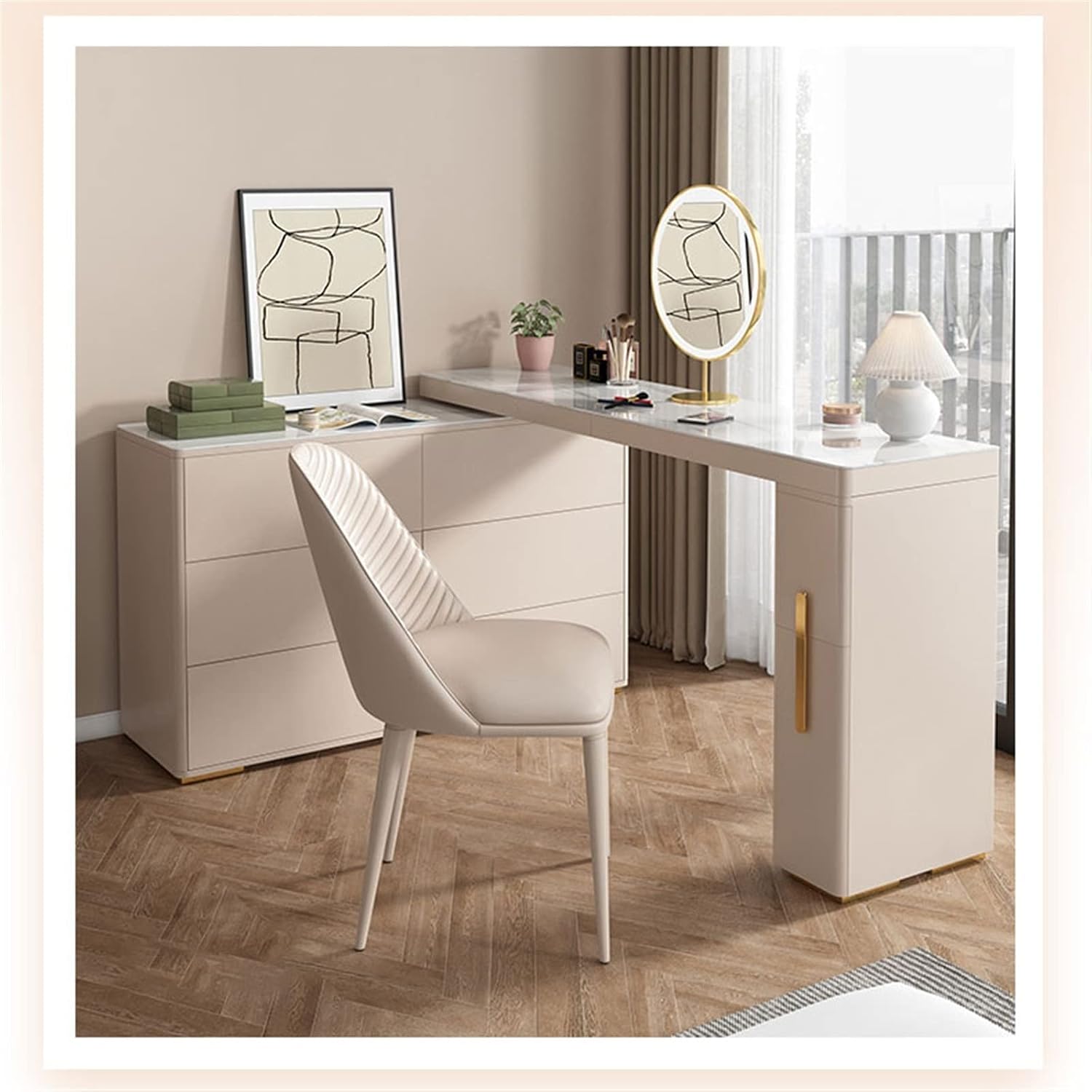 Vanity Dressing Table Set Luxury Makeup Bench with 3 Colors Led Hd Mirror,Comfortable Stool Drawers Cabinet,Modern Simple Style,for Girl's Gift (Size : 160CM Side Cabinet) ()