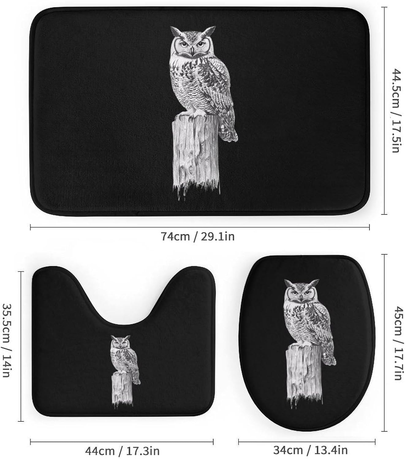 Hand-Drawn Owl Modern Bathroom Sets with Shower Curtain and Rugs Decor 4 Pcs with 12 Hooks