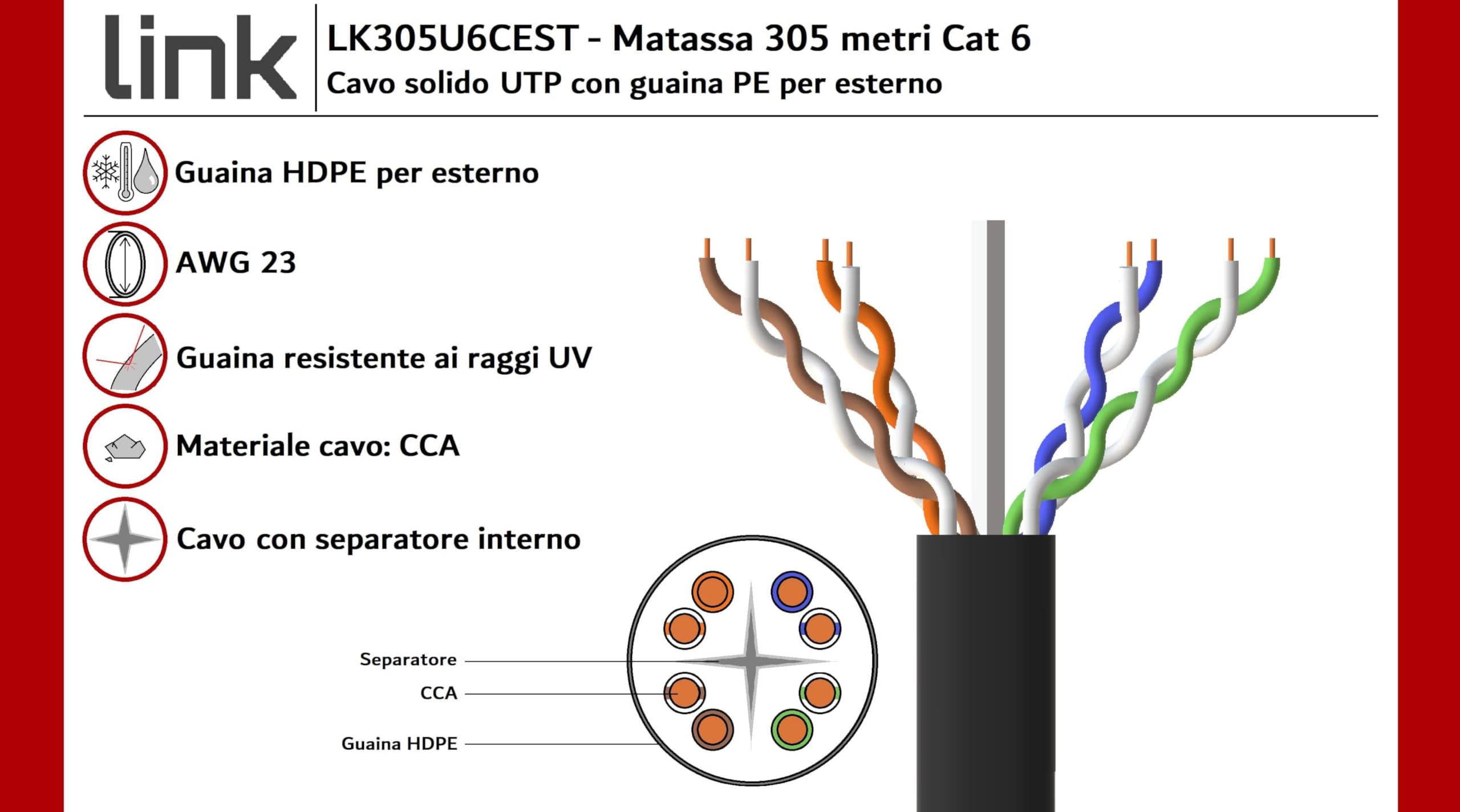 LINK LK305U6CEST - Cavo di rete categoria 6 U/UTP solido (305 metri, nero) – Guaina in HDPE resistente a raggi UV e agenti atmosferici – Conduttori CCA AWG23, conforme ISO/IEC 11801