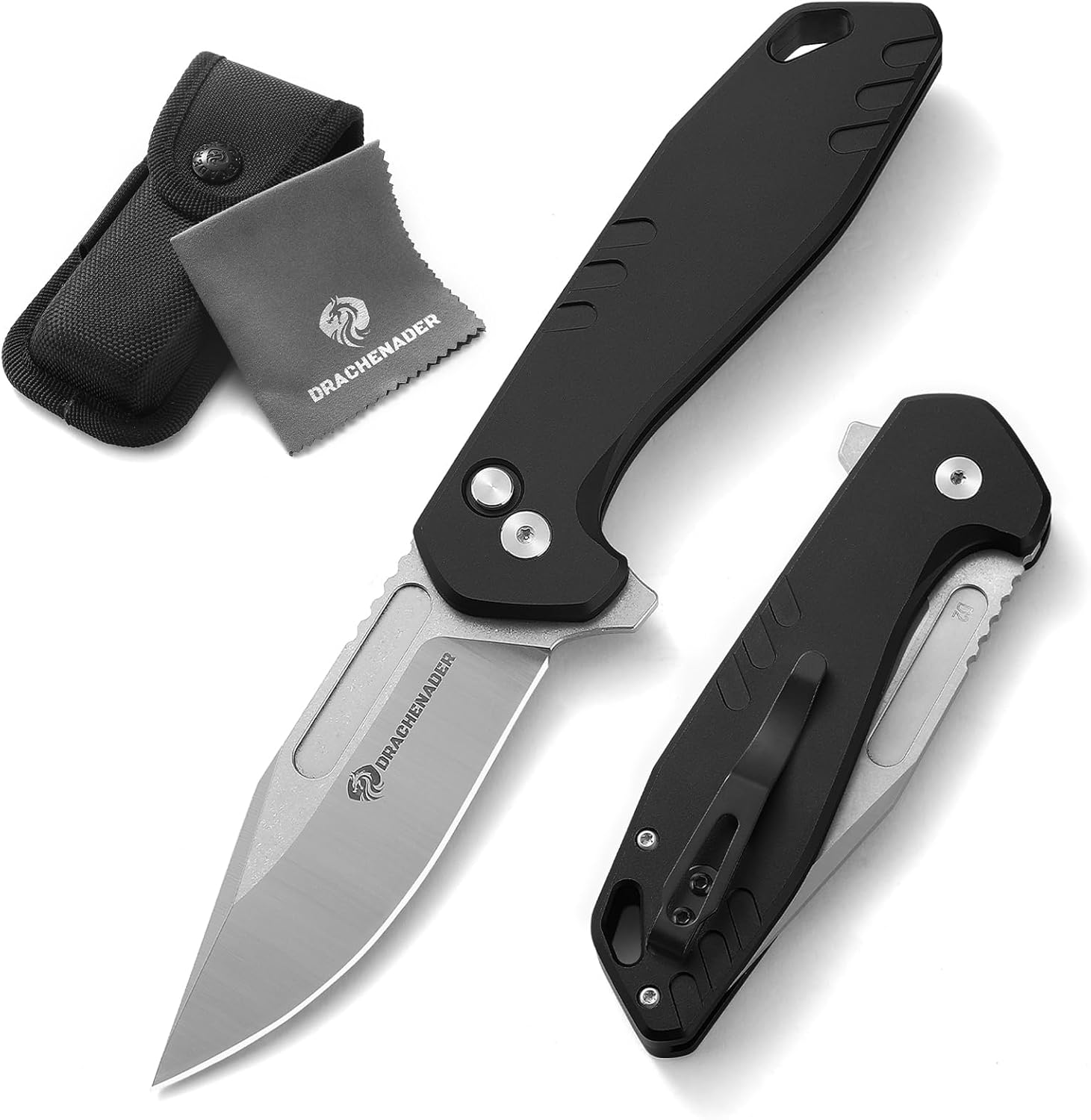 DRACHENADER Large Pocket Knife for Men B-FENG, 8.22" Survival Folding Knife with D2 Steel, Aluminum Handle, Secure Button Lock, Includes Pocket Clip and Nylon Sheath for Camping, Outdoor