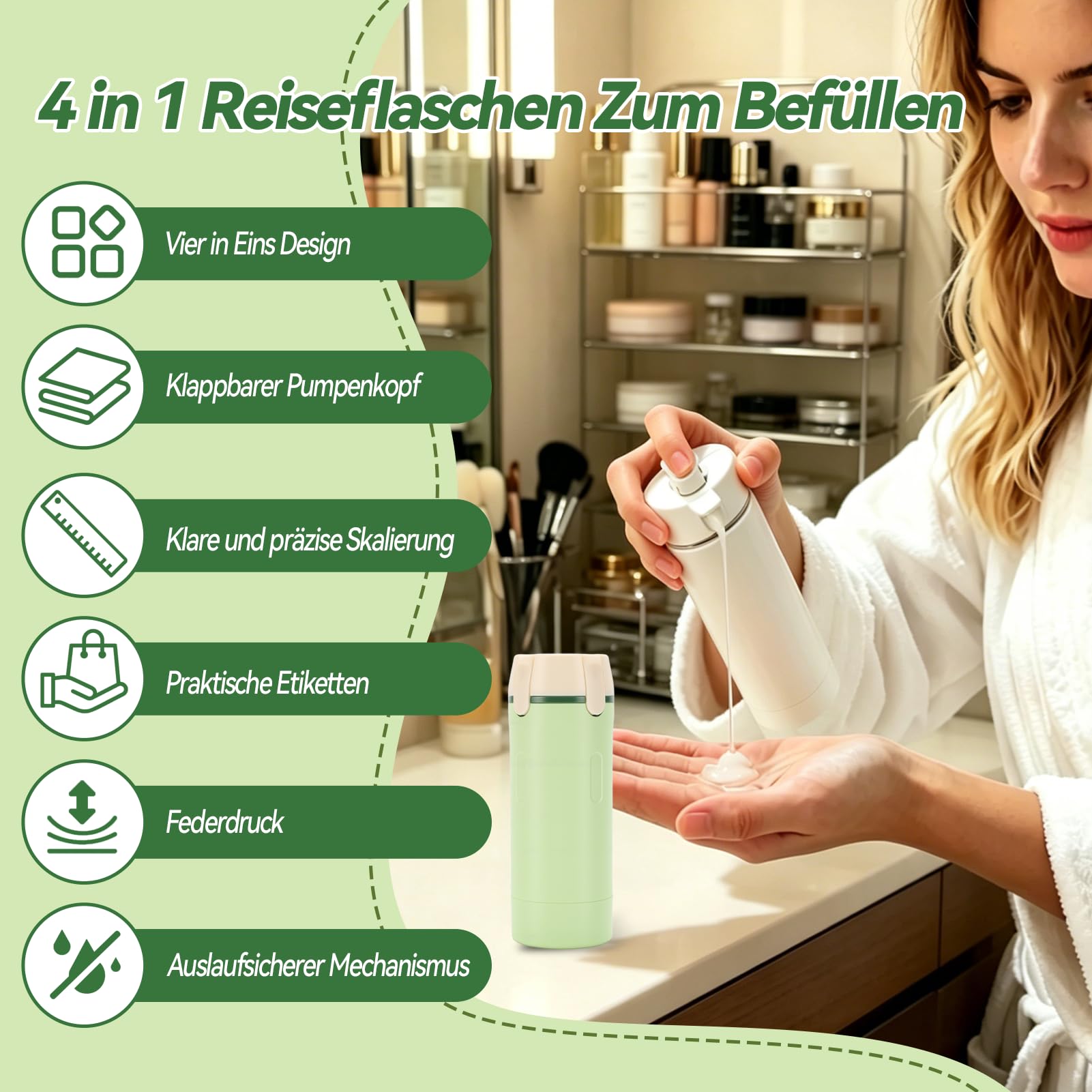 Dispenser da viaggio 4 in 1, bottiglie da viaggio ricaricabili da riempire, contenitore da viaggio a prova di perdite, con scala ed etichette per shampoo, gel doccia e lozione, bottiglia