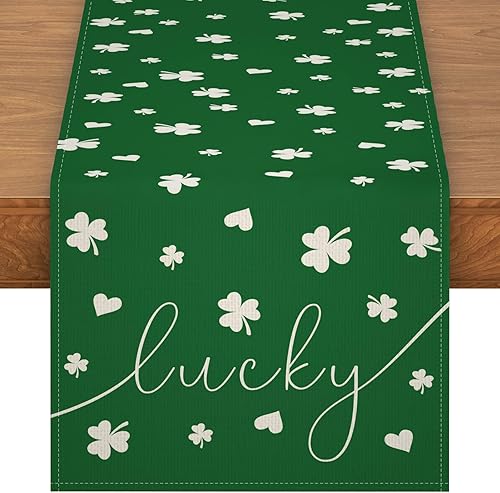 Camino de mesa del día de San Patricio, camino de mesa de trébol de la suerte verde para cocina, comedor, decoración de primavera del día de San