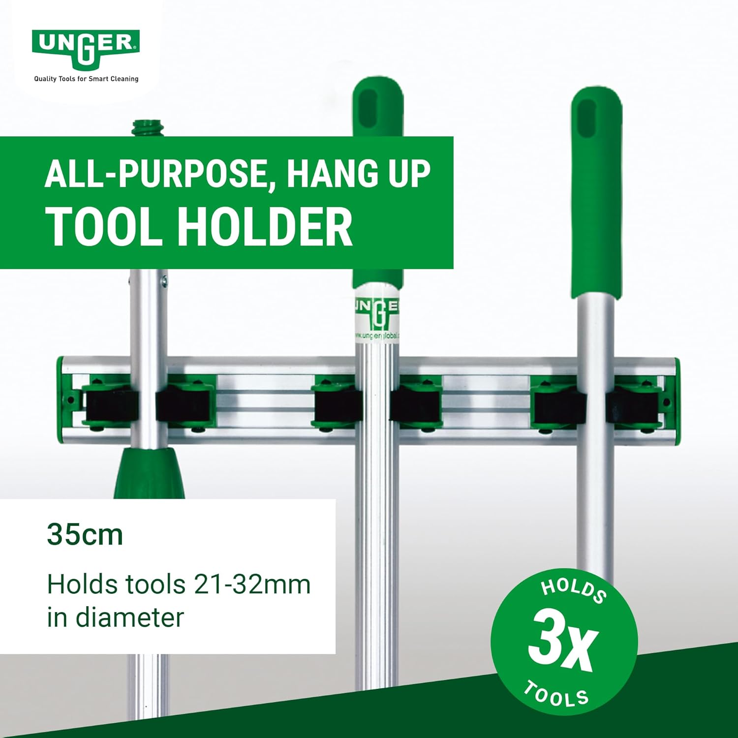 UNGER Hang Up Tool Storage Organiser & Pole Holder Wall Mounted Rack 35cm - Holds 3 Tools - Snap in/Out Rubber Grip Claws - Easy Access, Secure Hold