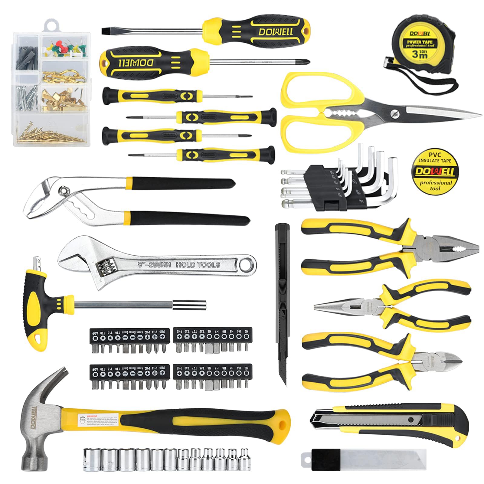 DOWELL Set di attrezzi da 185 pezzi, kit di attrezzi generici per la casa, kit di utensili manuali con cassetta degli attrezzi per riparazioni domestiche