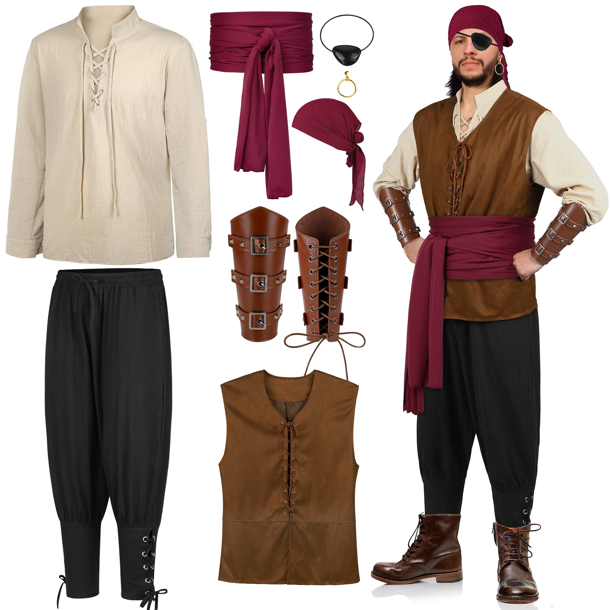 SOMSOC 8 Pieces Men's Christmas Halloween Renaissance Medieval Costume Set Pirate Shirt Viking Vest Pants Headscarf Belt