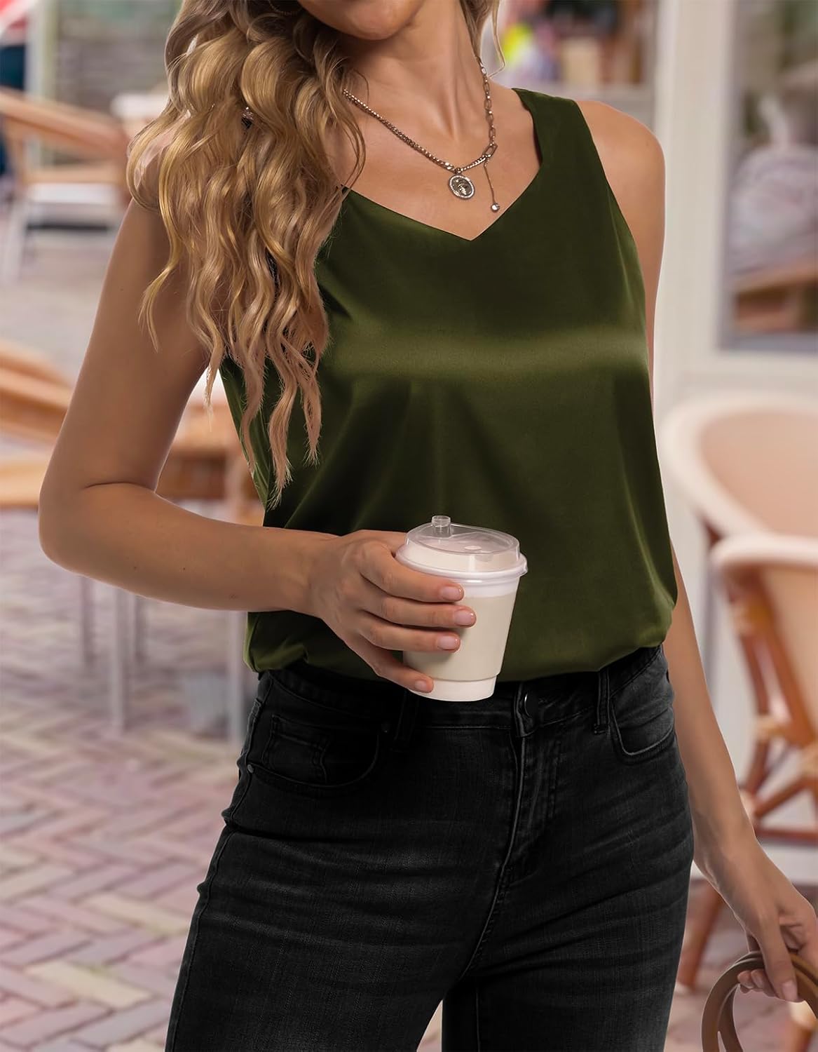 Women's Silk Satin Tank Tops V Neck Camisole Casual Cami Sleeveless Shirt Blouses Silky Basic Tanks - Image 2