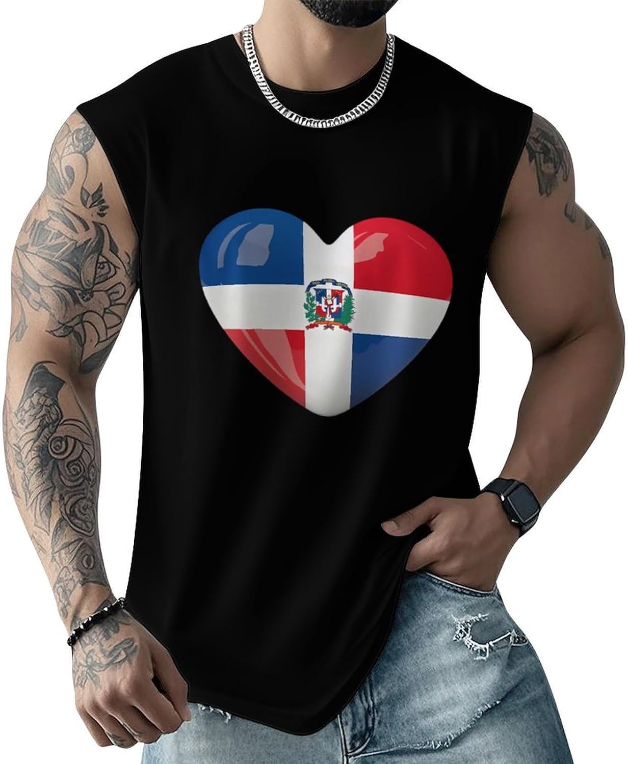 Dominican Republic Flag Heart Men Summer Sleeveless Crew Neck Top 5XL