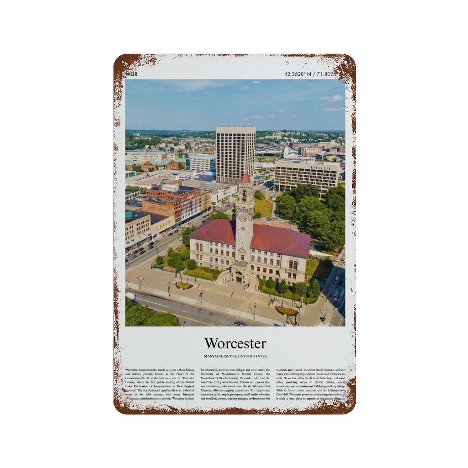 xiaoxiaoshen Worcester Massachusetts, United States, USA City Scenery Wall Decor Art Metal Tin Poster Modern Home Decor Art Home Bar Shop Decorations Vintage Sign 30x20cm