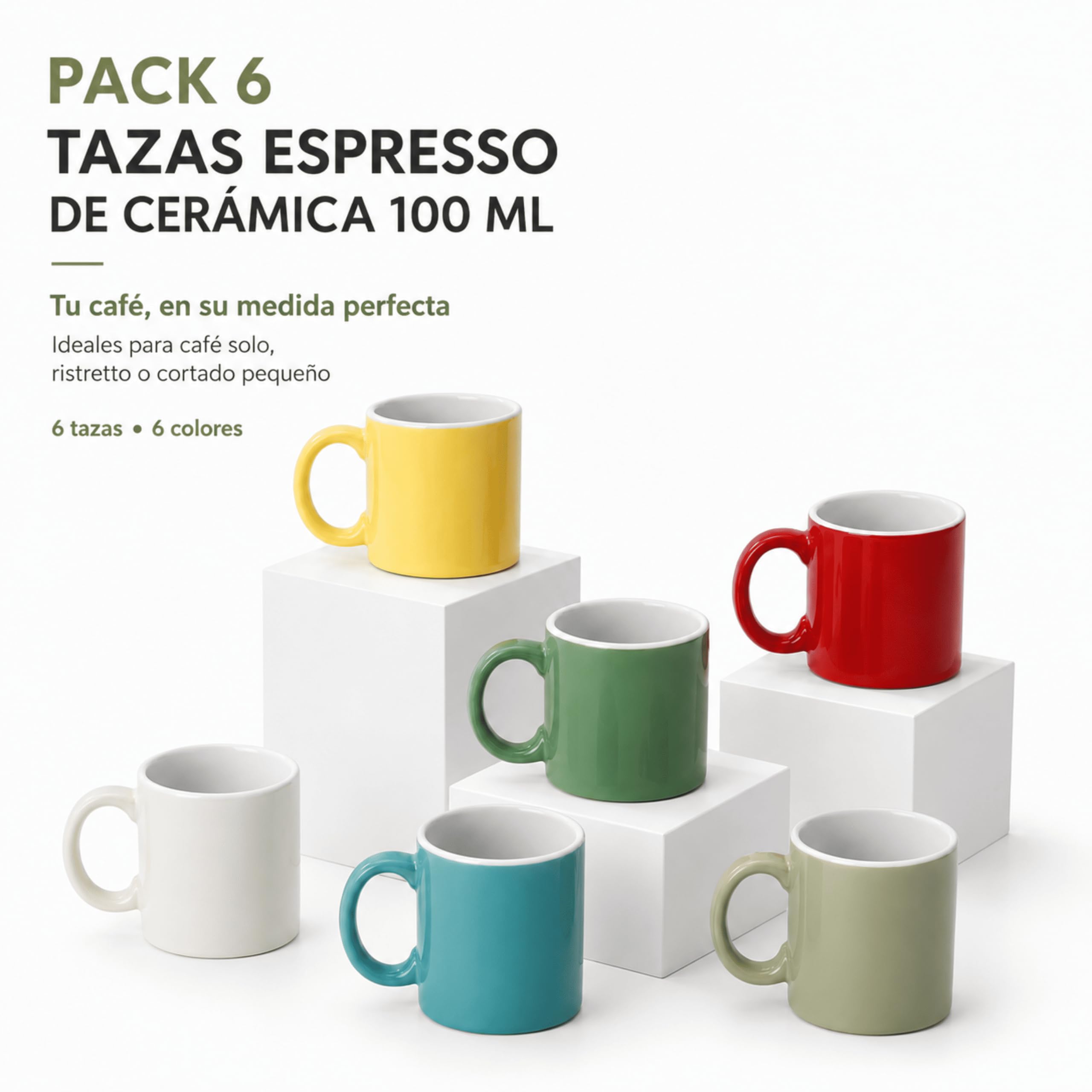MUNTRADE Pack de 6 Tazas Espresso de Cerámica 100 ml | Juego de Tazas de Café Pequeñas Multicolor | Taza para Café Solo, Cortado y Ristretto | Para Cocina, Oficina y Regalo