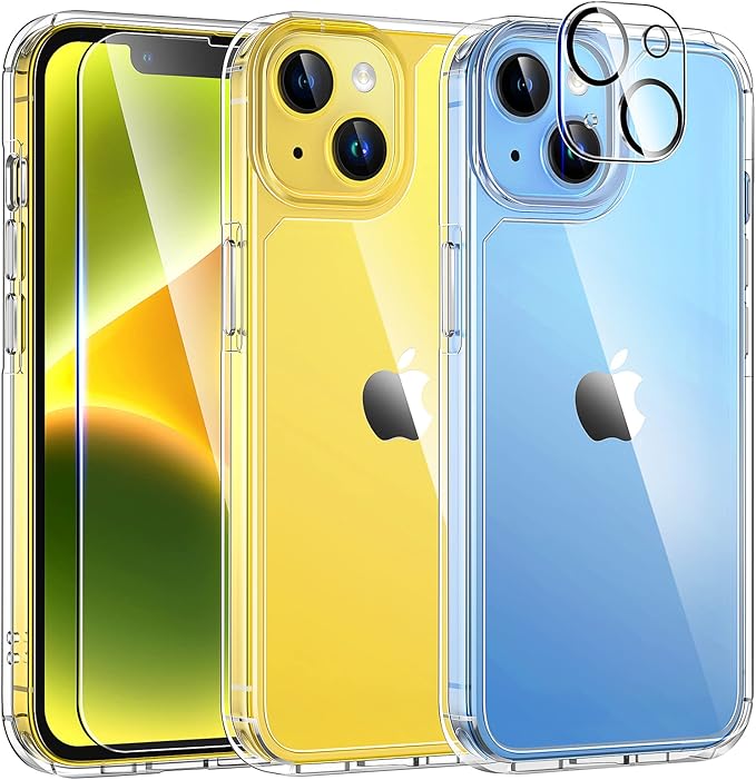 TAURI 5 in 1 Designed for iPhone 14 Case Clear, [Not Yellowing] with 2X Display screen Protectors + 2X Digital camera Lens Protectors, [Military Grade Drop Protection] Shockproof Slim 14 Cowl 6.1 Inch