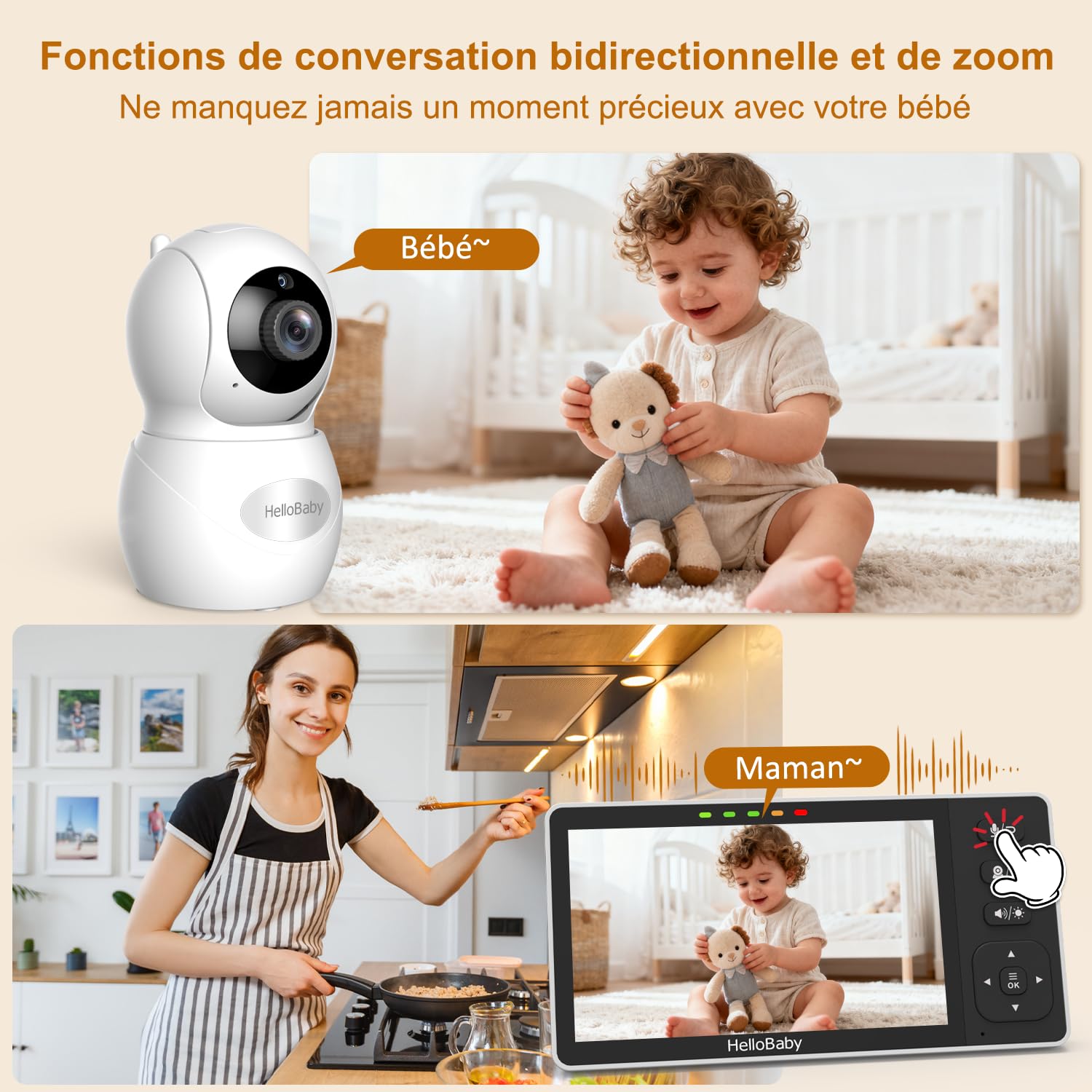 HelloBaby Babyphone Bébé Moniteur avec Écran 5,5 Pouces, Caméra HD 720p IPS, sans WiFi, Pan-Tilt-Zoom, Communication Bidirectionnelle