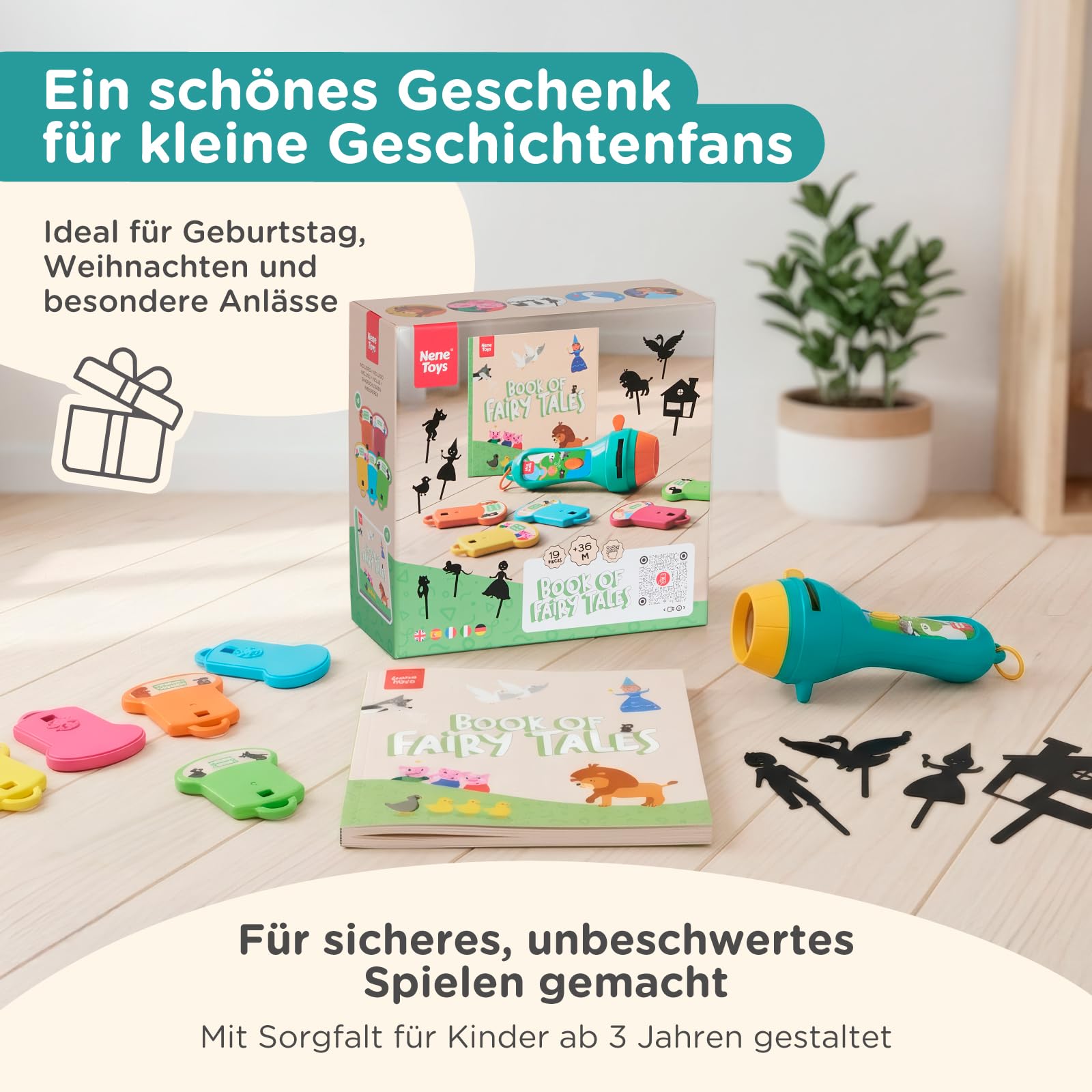 Nene Toys Interaktives Märchenbuch mit Projektor-Taschenlampe & Schattentheater für Kinder ab 3 Jahren – 4 Klassische Geschichten in 5 Sprachen, Gute-Nacht-Geschichten-Set