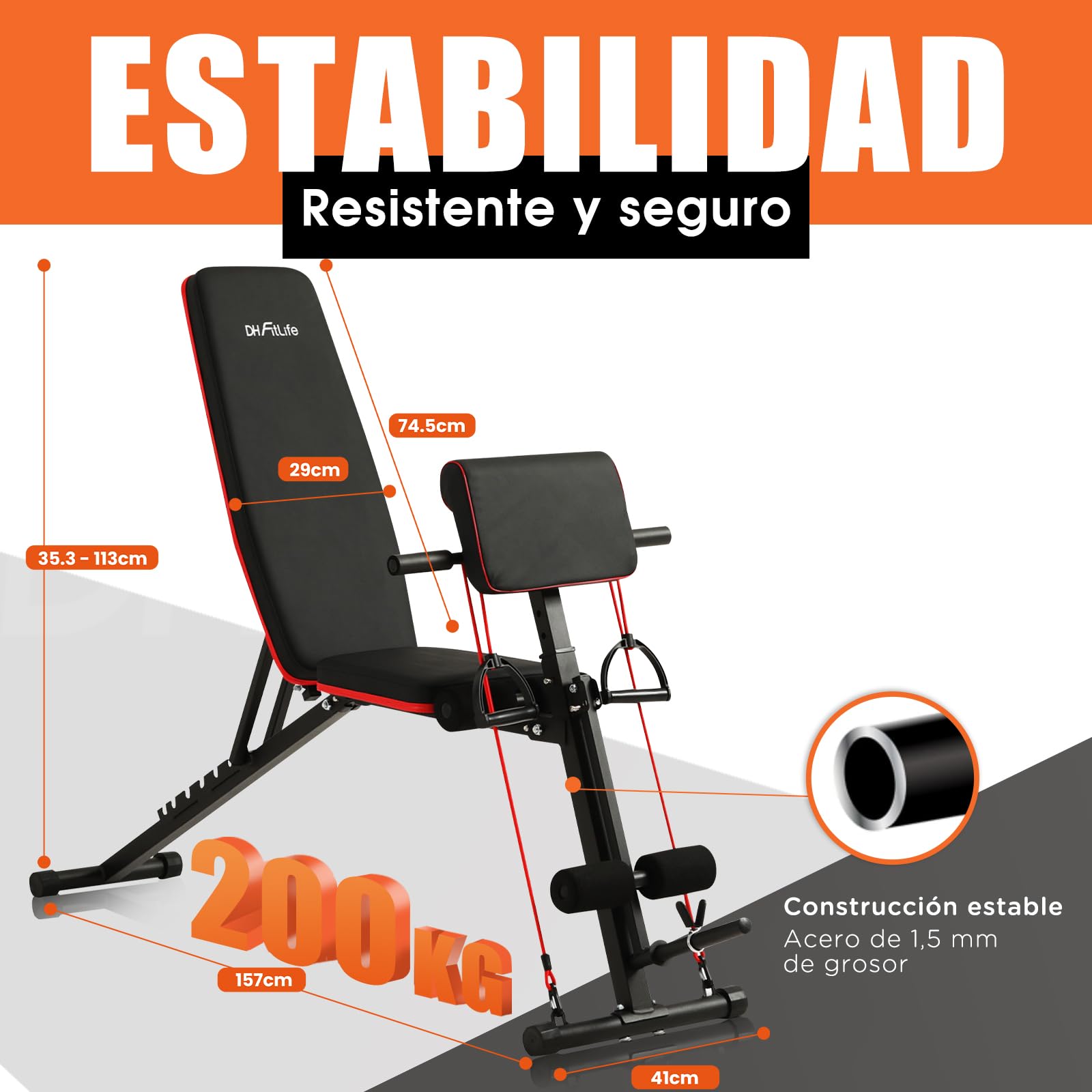 DH FitLife Banco de pesas plegable ajustable, banco inclinado y banco plano para press de banco, entrenador de espalda y abdominales, banco de entrenamiento multifuncional para fitness y fuerza