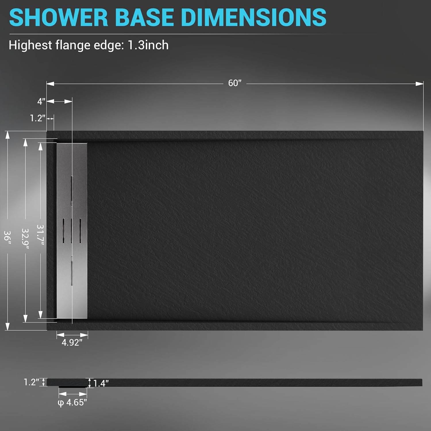 60" x 36" Zero Threshold Shower Pan with Reversible Drain, Non-Slip SMC Shower Base for Wheel Chair Access, Includes 3-Sided Aluminum Waterproof Strip (Black)