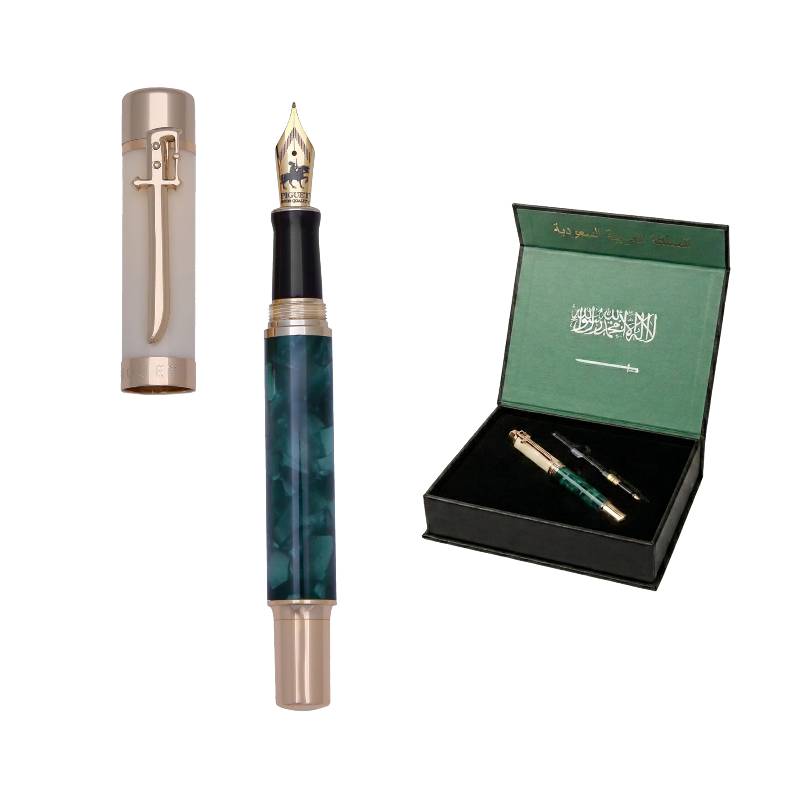 Piguet Genève – Pluma estilográfica 2en 1 de lujo y ergonómico – Serie Al-Ardah – Punta alemana Bock Mediana, borde dorado, tinta azul, caja de regalo con recarga universal y convertidor recargable