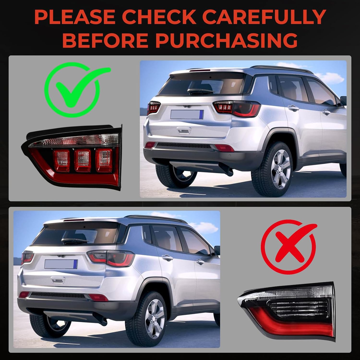 Helogan Inner Tail Light Assembly Compatible with Jeep Compass 2017-2024, Brake Rear Lamp Replaces CH2803115 55112836AB (Right Passenger Side)