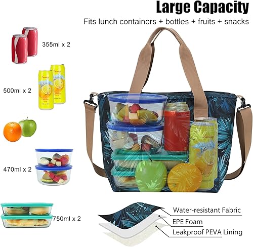 Miniatura 6 de MIER Bolsas de almuerzo para mujer, bolsa de almuerzo grande con aislamiento, contenedor para el trabajo, universidad, viajes, playa, correa