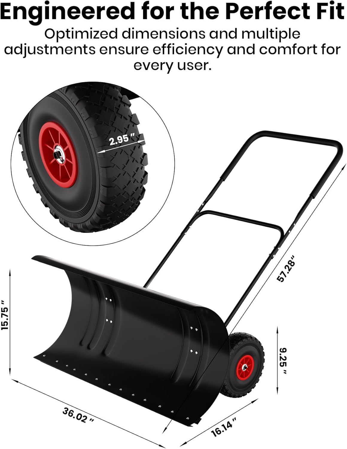 36" heavy-duty steel snow pusher shovel with wheels - adjustable angled blade & 5-height ergonomic u-handle | commercial & residential snow removal tool for driveway, doorway and sidewalks, black
