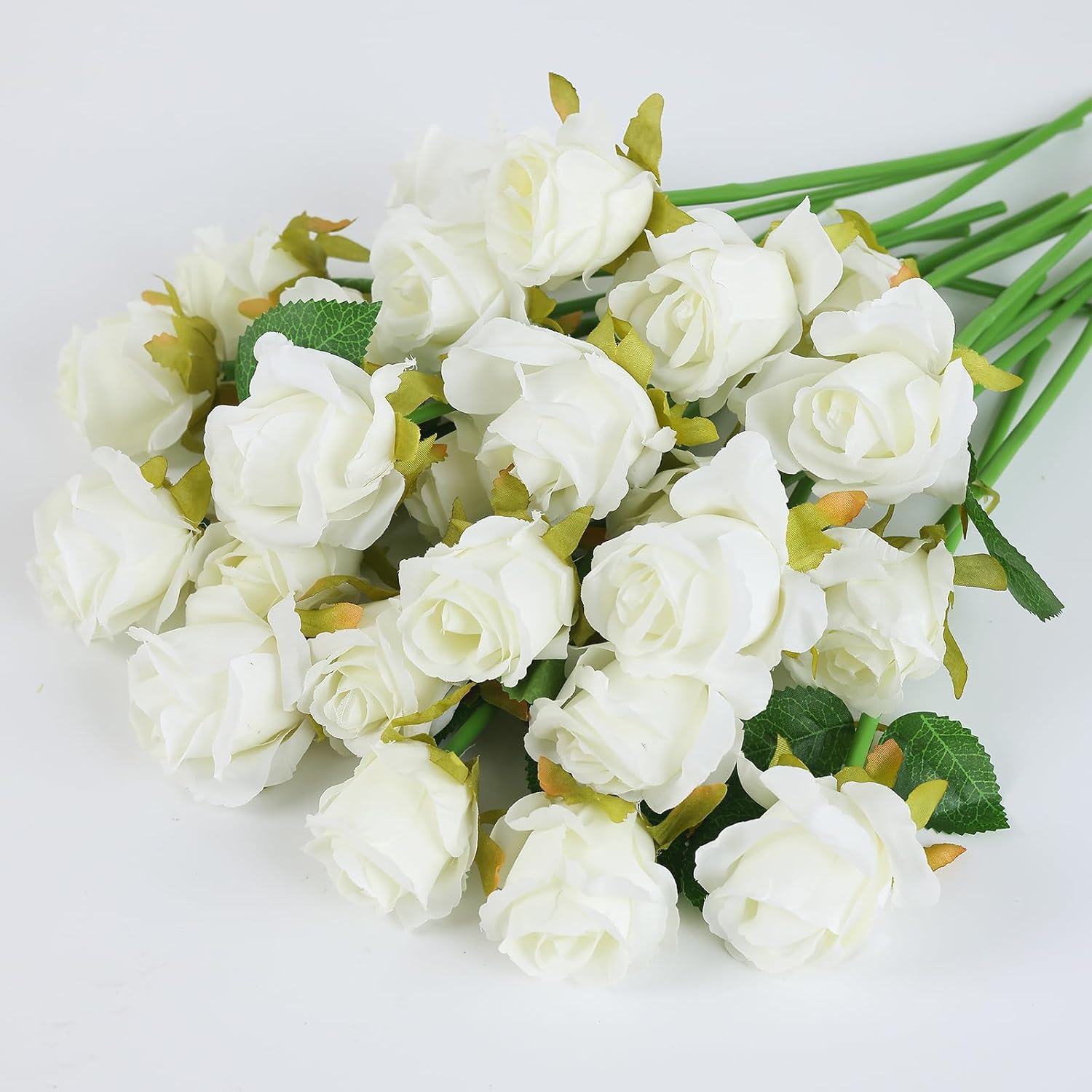 Rosscer White Artificial Roses Flowers Bouquet, 24 Pcs