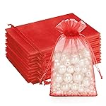 G2PLUS Red Organza Bags, 100PCS Red Organza Gift Bags 4x6, Sheer Mesh Drawstring Bag, Jewelry Pouches, Small Tulle Candy Bag for Christmas, Wedding Party Favors
