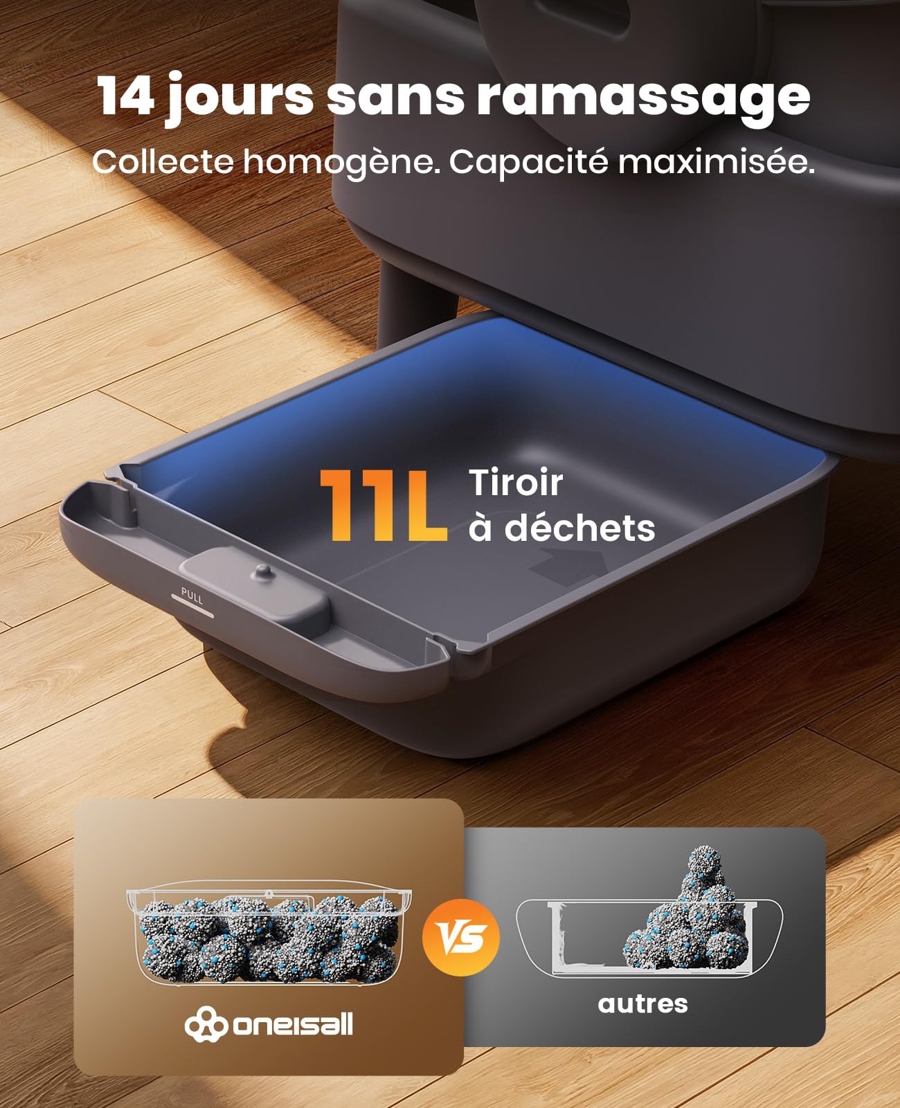 oneisall Litiere Chat Autonettoyante XXL avec EaseClean™, silencieuse litière autonettoyante, Poubelle de 11L adaptée aux Grands Chats, incluant Tapis litiere Chat et 40 Sacs.