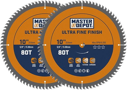 10 Inch 80T Ultra-Fine Finish Saw Blades for Miter Saws and Table Saws, Carbide-Tipped ATB, 5/8" Arbor, Thin Kerf, Smooth Crosscuts in Plywood, Hardwood, Trim & Finish Work (2-Pack)