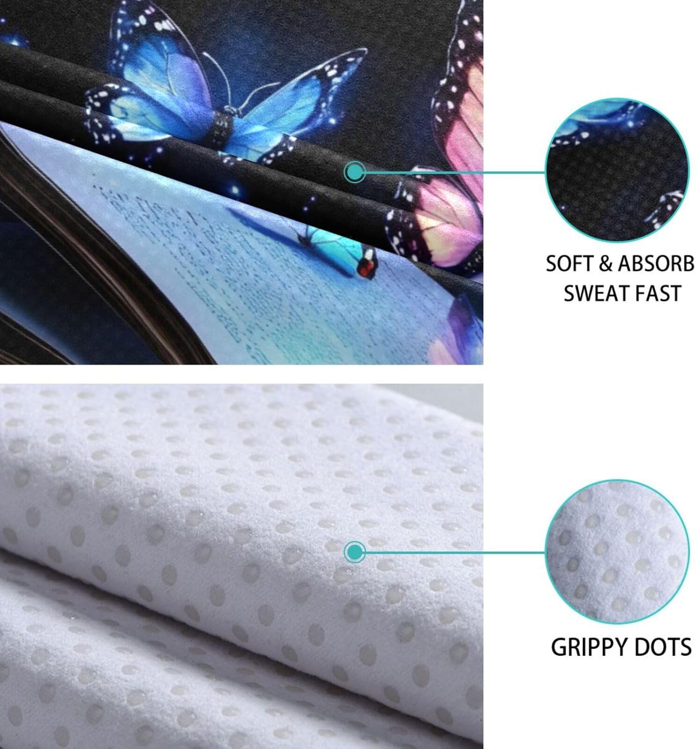 Yoga Mat Towel with Silicone Grip Dot Book Butterfly Blue – 73"x27" Non-Slip Sweat Absorbent Microfiber Yoga Towel for Home Gym Studio