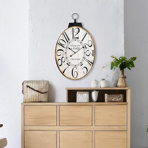 Miniatura 8 de Reloj de pared grande, 29 pulgadas de alto, diseño ovalado francés vintage de granja, funciona con pilas, reloj de pared silencioso para sala de