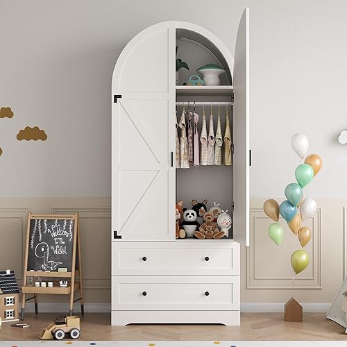 Miniatura 6 de Armario Ropero Blanco de 74.8" con 2 Cajones y 2 Puertas, Armario Alto de Dormitorio Independiente Gabinete de Almacenamiento con Estantes,