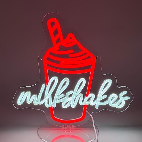 Milkshakes - Letrero de neón LED retro rojo con texto escrito a mano, letrero de decoración de pared para postrería, barra de helado, comedor,