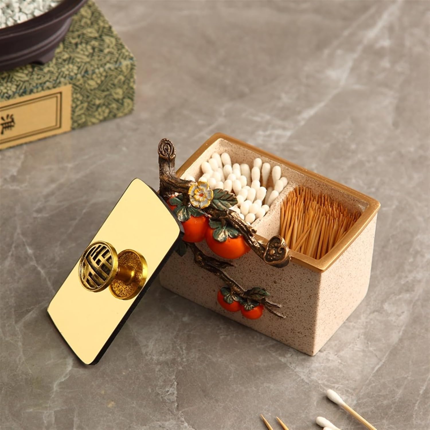 Toothpick Holder Household toothpick holder with cover creative multi-purpose compartment cotton swab box toothpick storage box decoration Toothpick Dispenser (Color : Beige)