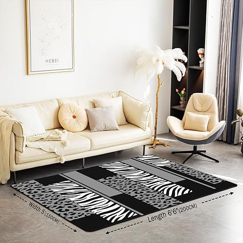 Miniatura 2 de Alfombra decorativa de leopardo con diseño de cebra, de 5 x 7 pies, diseño de cebra, gris, blanco y negro, tapete decorativo antideslizante para