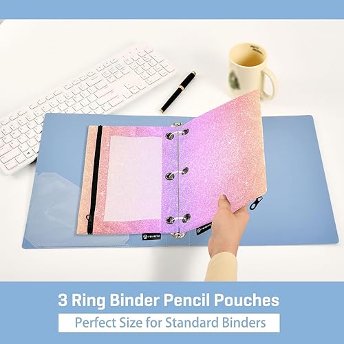 Miniatura 5 de Estuche para lápices de acuarela rosa y morado brillante para 3 anillos con cremallera, estuche transparente para lápices, bolsas para viajes,