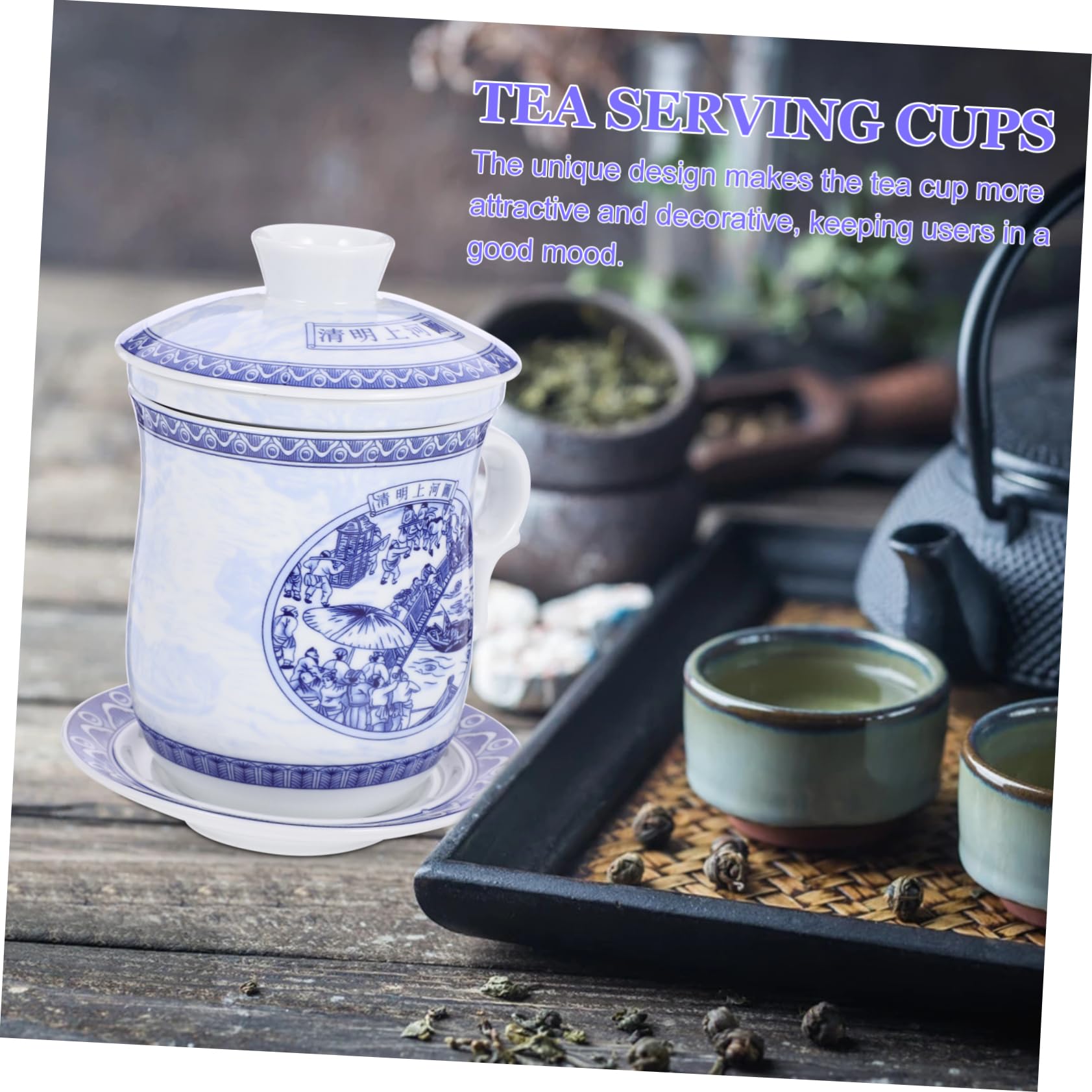 Mobestech Traditionelle Chinesische Teetasse mit Sieb und Deckel Keramikbecher mit Untertasse Chinesisches Teegeschirr mit Klassischem Muster Staubgeschützt für Haushaltsgebrauch und