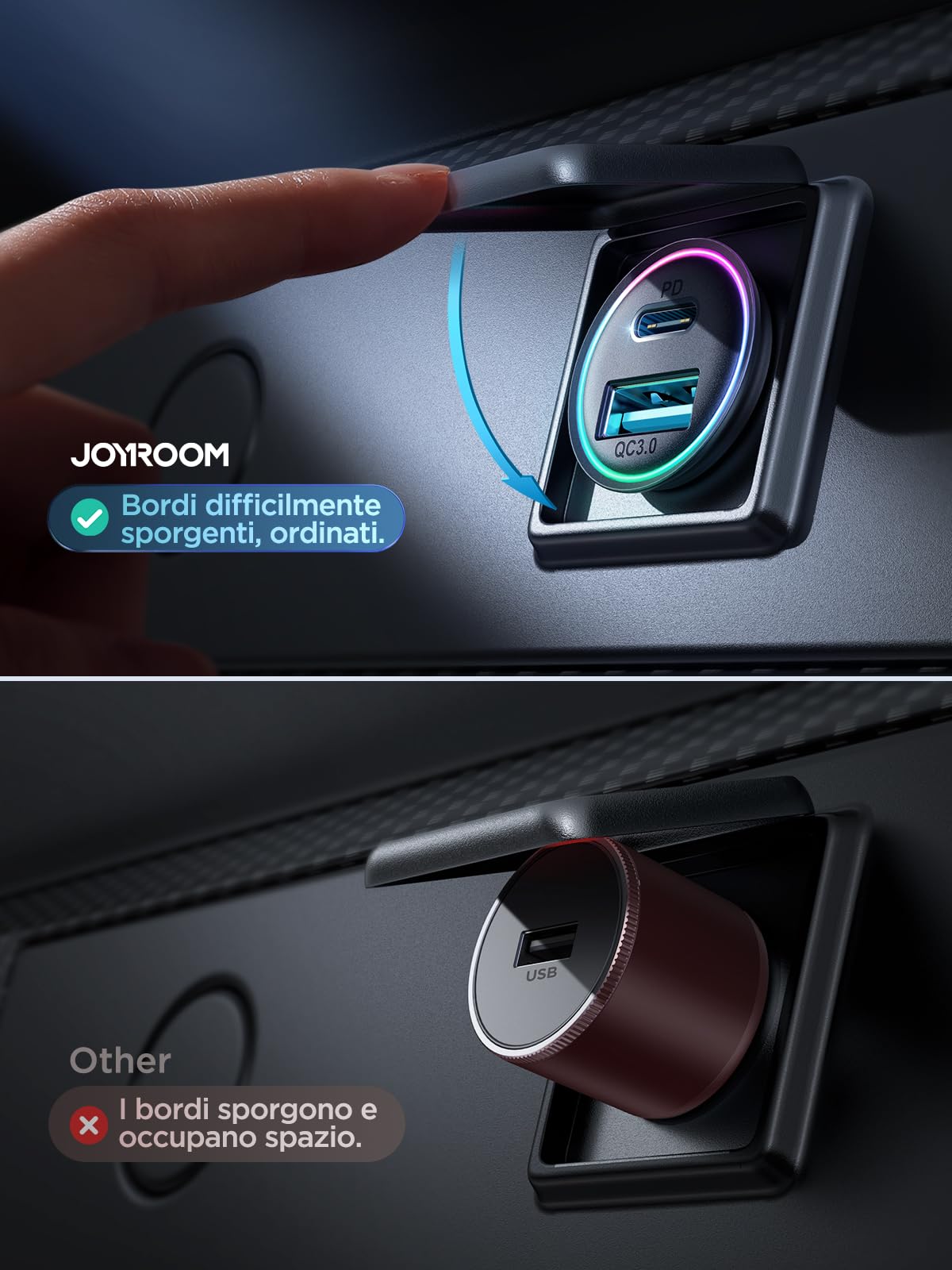 JOYROOM Caricatore USB C 60W PD&QC 3.0 Mini Presa Auto in Metallo con Cavo di Ricarica USB/C a C da 1,5 M Accendisigari con Luce LED per iPhone 15 14 13 Pro Max, Samsung, iPad, AirPods