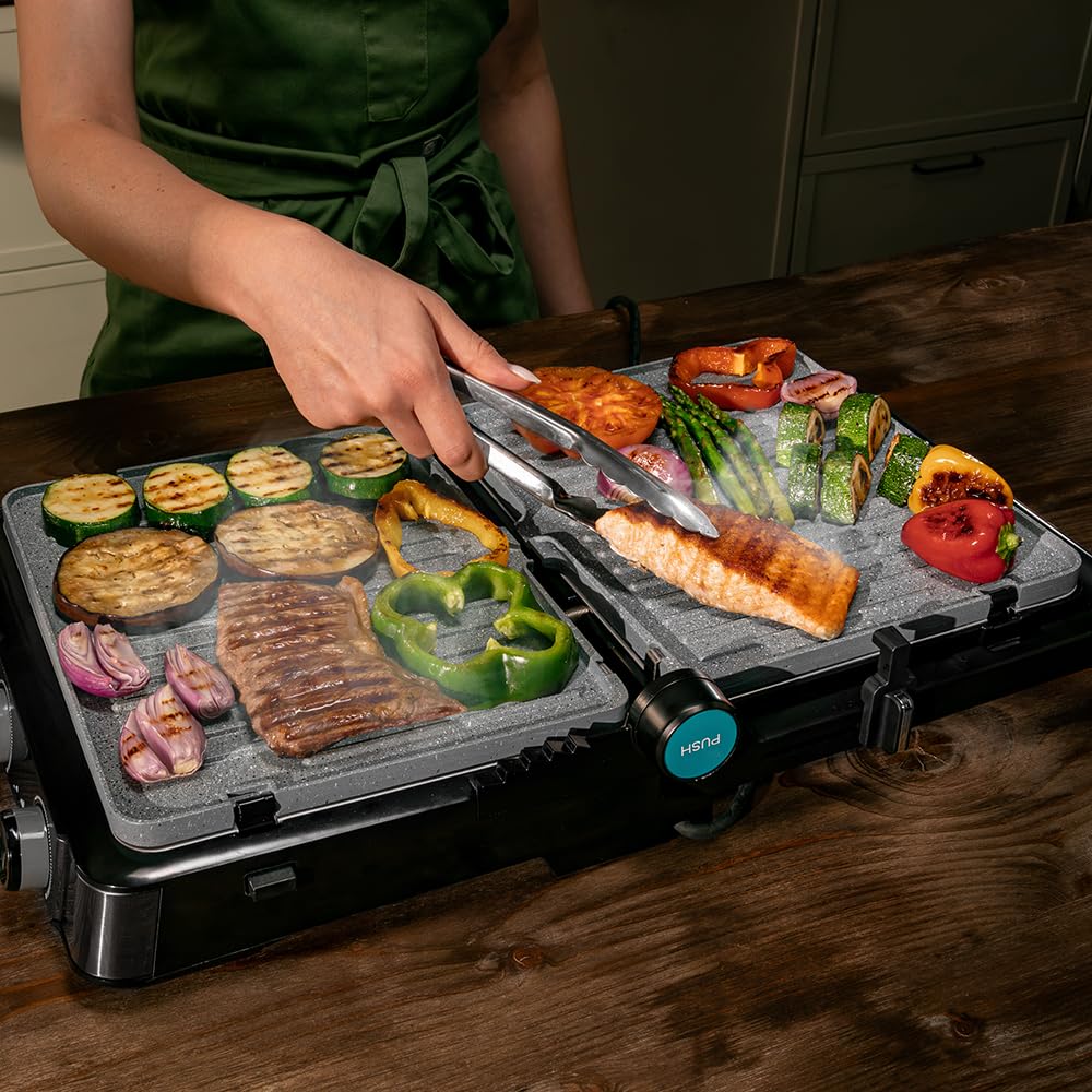 Cecotec Rock'nGrill 2200 Dual Grill elektryczny 2200 W, otwarcie 180°, podwójna temperatura, nieprzywierająca RockStone, odwrócone płyty, zbierające, wskaźnik świetlny, 29 x 23 cm