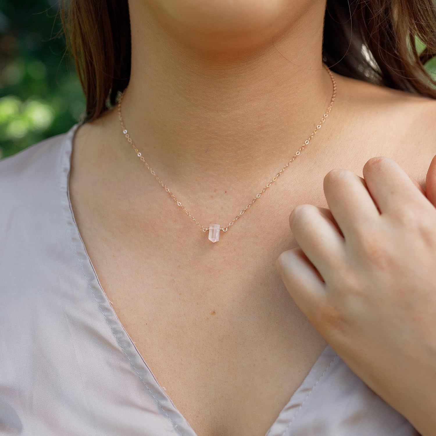 Luna Tide Rose Quartz Double Terminated Crystal Necklace in 14k Rose Gold Fill