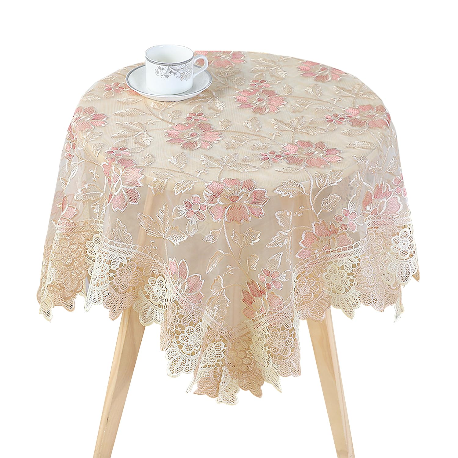 NIERBO Square Tablecloths, Lace Tablecloth with Floral Embroidery Table Cloth, Vintage Table Cover for Wedding Party Kitchen Dining Room Home (Pink, 90 x 90 cm)