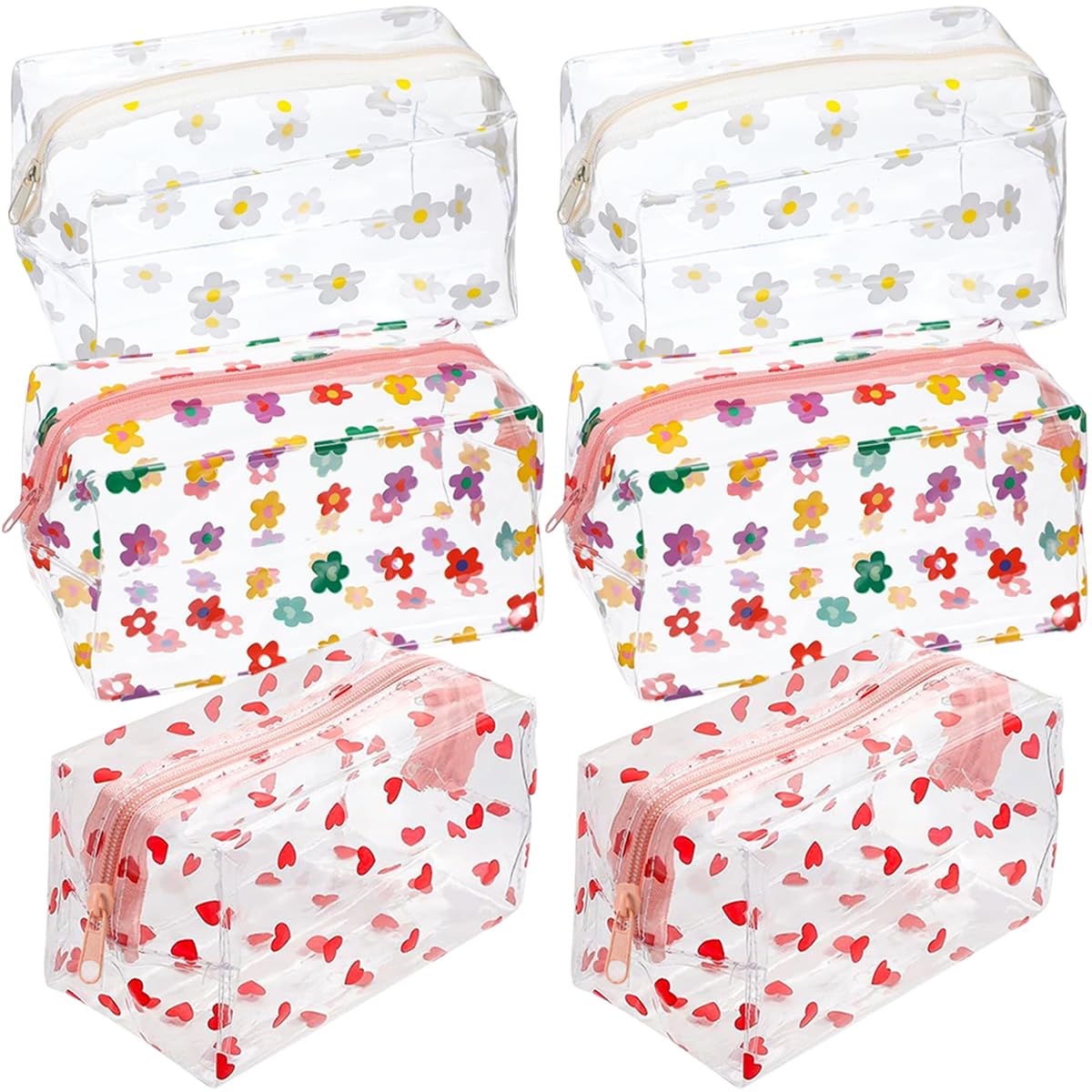 6 PCS Clear Makeup Bags Pencil Cases Large Cosmetic Bag Heart Daisy Sunflower Pattern Case Floral Travel Pouches Portable Transparent Toiletry Pouches Waterproof Storage Pouch for Women Girls