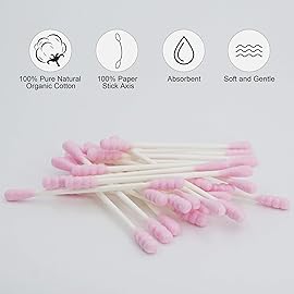 HOMEFOX Pink Cotton Swabs Spiral - 200 Count Organic Cotton Buds Double Side Tightly Wrapped Cotton Tips Paper Stick Soft Gentle Lint-Free Cruelty-Free, Round & Spiral (Pink)