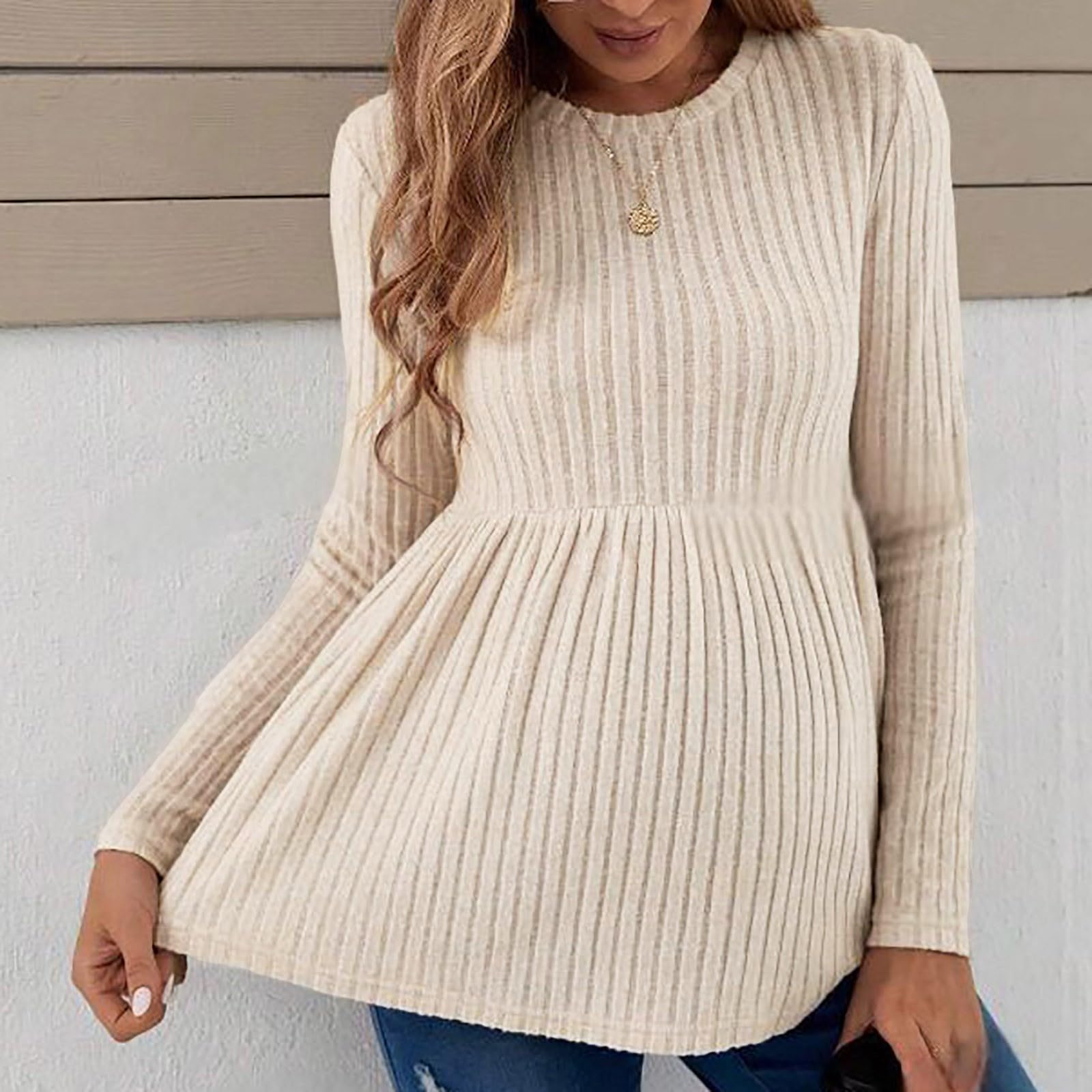 Suéteres de maternidad para mujer, blusas de manga larga para embarazo, cuello redondo, camisas acanaladas, suéteres de punto cómodos para mujeres embarazadas