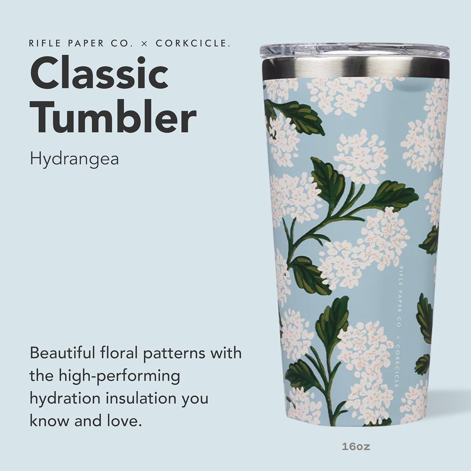 Corkcicle x Rifle Paper Co. Classic Insulated Coffee Mug - Keeps Drinks Cold 9 Hours - Triple-Insulated - Gift for Mom - Great for Mother's Day or Christmas - 16 oz - Blue Hydrangea - Image 2