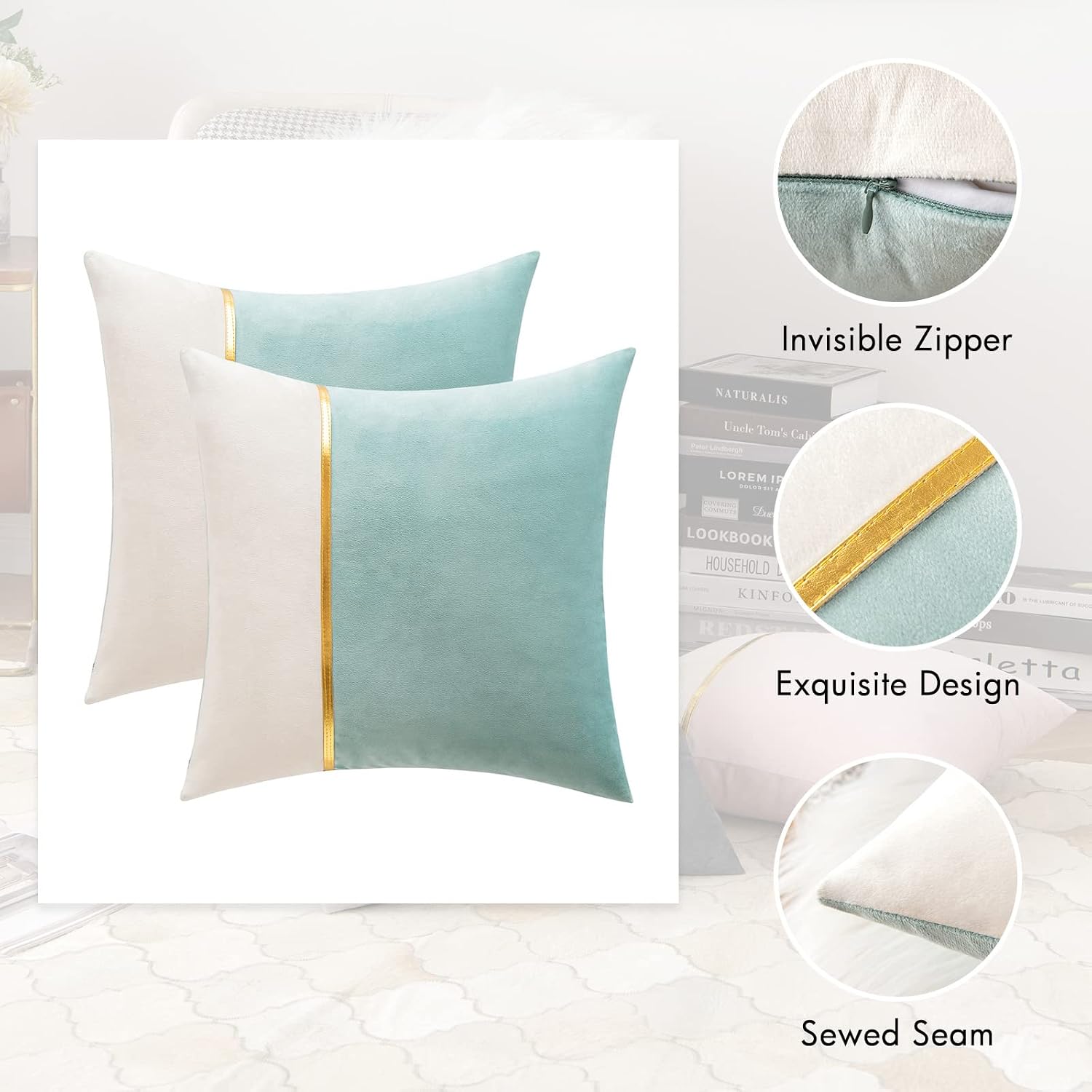 MIULEE Pack of 2 Decorative Velvet Throw Pillow Covers Patchwork with Gold Leather Square Soft Solid Pillowcases Couch Pillows Cushion Covers for Bed Sofa Living Room 18 X 18 Inch Aqua Green
