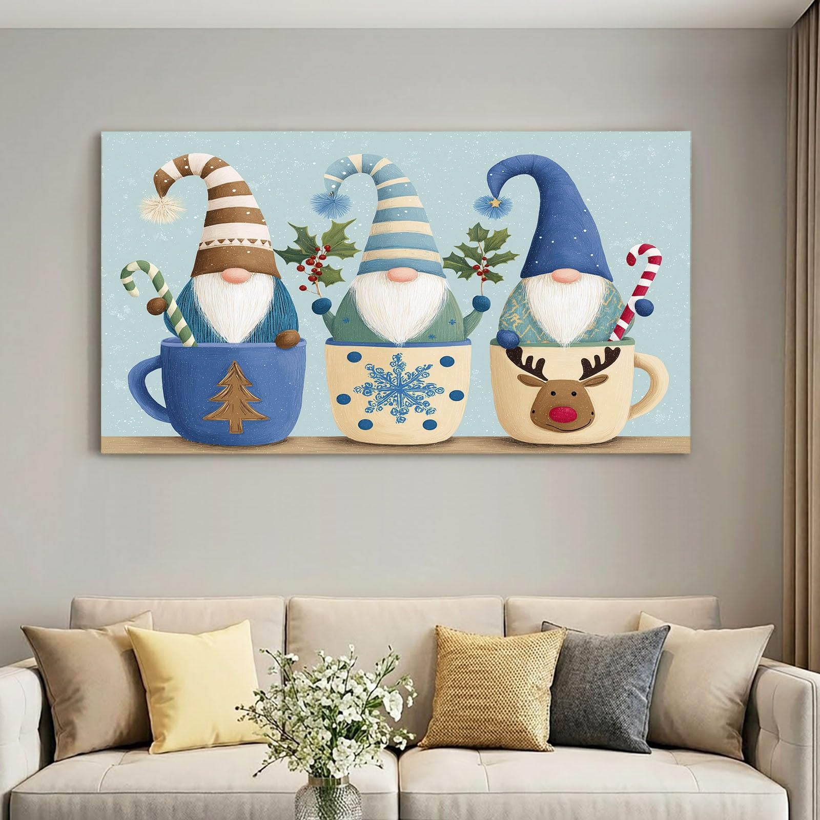 Tableau Decoration Murale Salon, Decoration Maison Impression sur Toile Naturelle Gnomes de Noël, Décoration Fête Festive Decoration Murale pour Bureau Salle Chambre 120L x 60W cm
