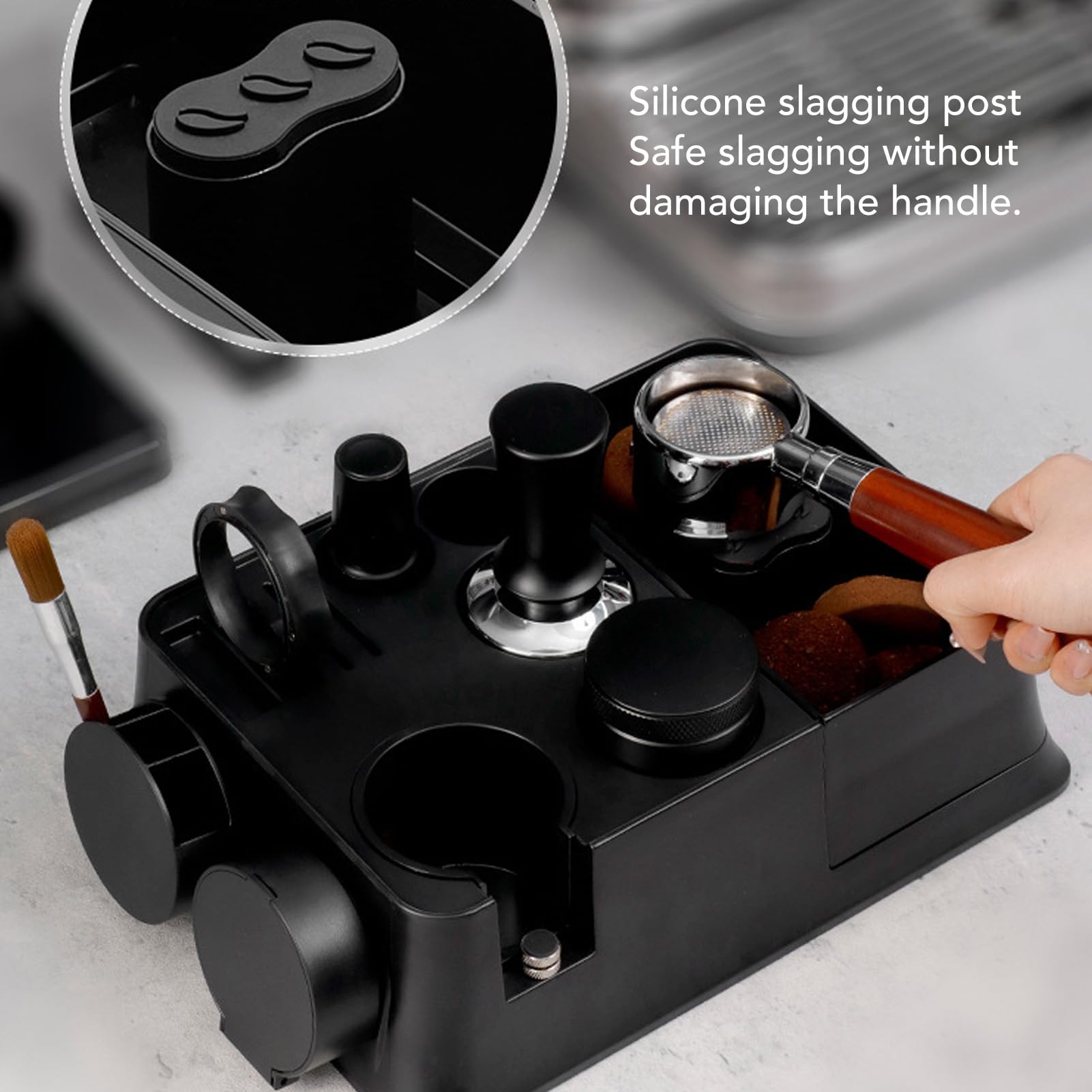 Kaffee-Organizer-Box mit Tamper-Halter, multifunktionale Tampierstation, 12-in-1-Aufbewahrungsbox für Kaffeezubehör mit Griffen für 51, 53 und 58 mm, kompakter ABS-Organizer für