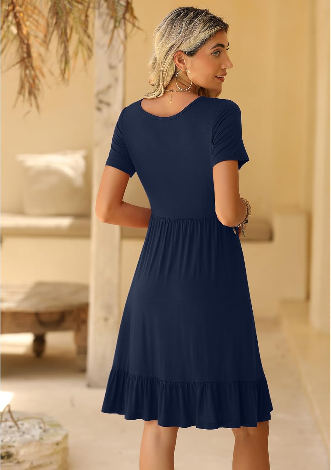 LILBETTER Round Neck Knee Length Dress for Women with Pockets Casual Summer Short Sleeve Pleated Ruffle Hem Short Dress - Image 5