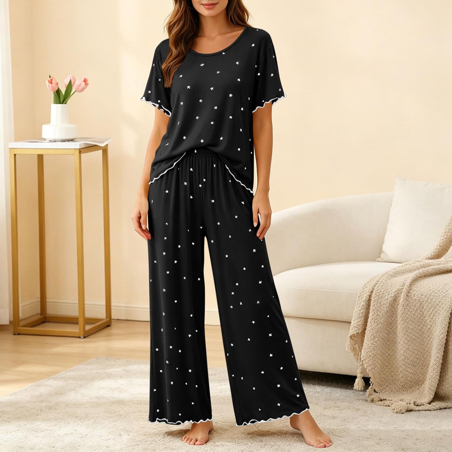 Womens Pajama Set Short Sleeve Crew Wide Leg Pocket | Pajamas for Women Set Crew Neck Sleepswear 2 Piece Short Sleeve PJ Top and Wide Leg Long Pants Loungwear With Pocket