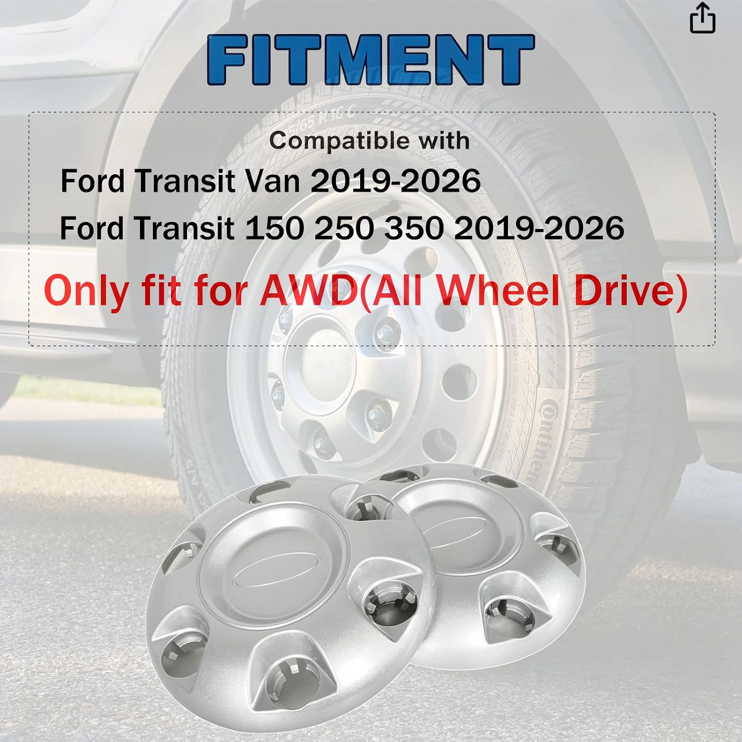 4Pcs Center Hubcaps Wheel Covers for 2019-2026 Ford Transit AWD KK4Z-1130-C | Compatible with 150 250 350 van,KK4V1130AB, KK4V1130AA,Rim Covers，ABS Plastic,Factory Replacement，Easily Snap-on